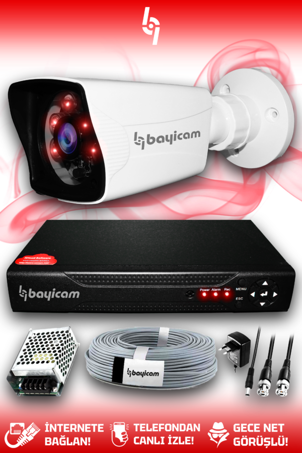 1 Full HD Kamera Kare Set HDD'siz 1 Dış Mekan Gece Görüşlü Güvenlik Sistemi