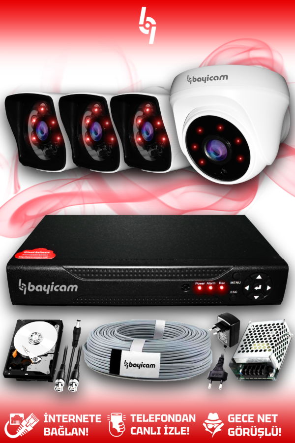 4 Full HD Kamera Kare Set 500 GB HDD Dahil 3 Dış 1 İç Mekan Gece Görüşlü Güvenlik Sistemi