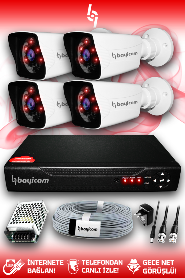 4 Full HD Kamera Kare Set HDD'siz 4 Dış Mekan Gece Görüşlü Güvenlik Sistemi