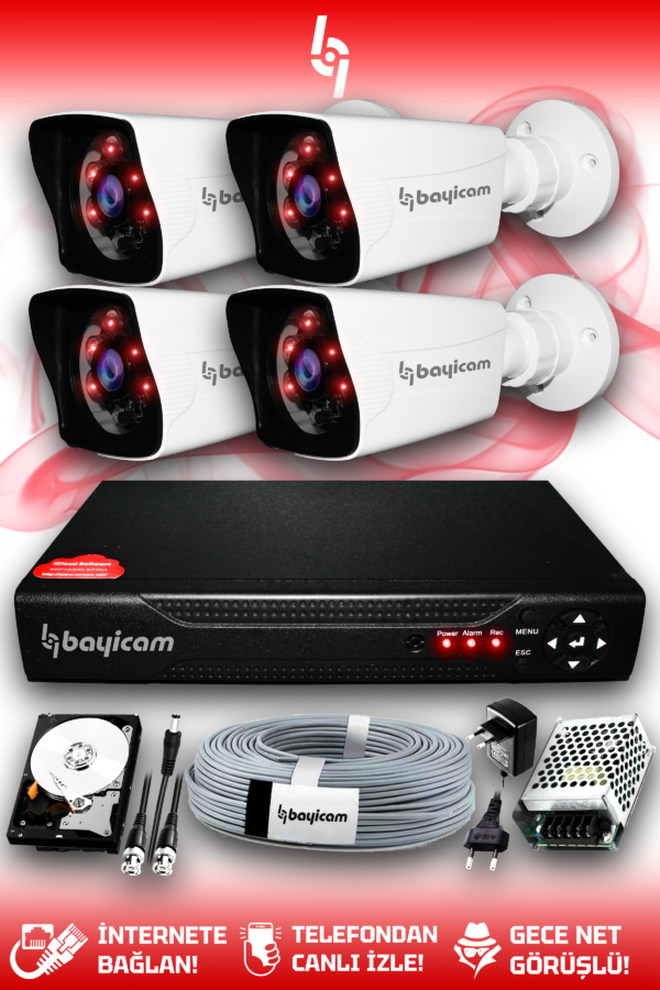 4 Full HD Kamera Kare Set 250 GB HDD Dahil 4 Dış Mekan Gece Görüşlü Güvenlik Sistemi
