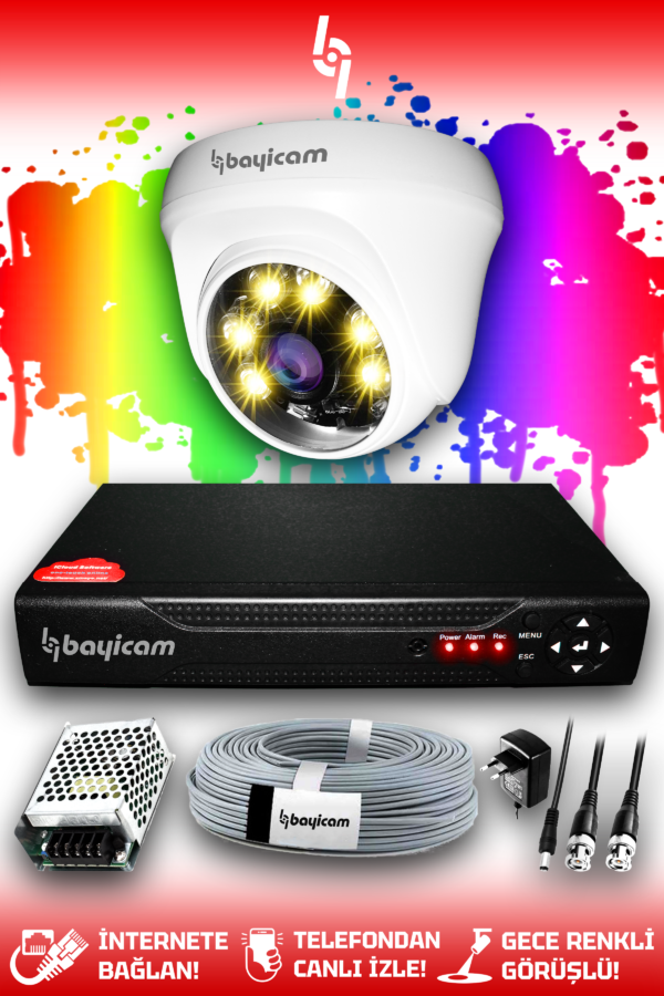 1 Full HD Kamera Dome Set HDD'siz 1 İç Mekan Renkli Gece Görüşlü Güvenlik Sistemi