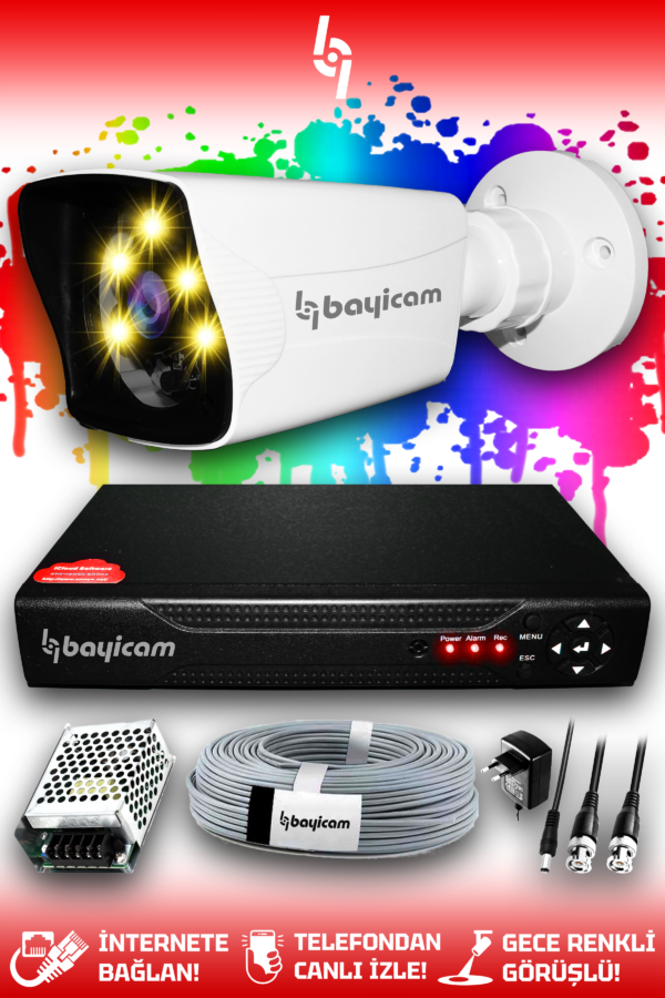1 Full HD Kamera Kare Set HDD'siz 1 Dış Mekan Renkli Gece Görüşlü Güvenlik Sistemi