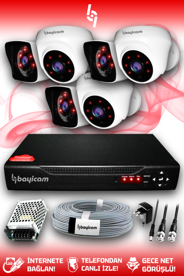 6 Full HD Kamera Kare Set HDD'siz 3 Dış 3 İç Mekan Gece Görüşlü Güvenlik Sistemi