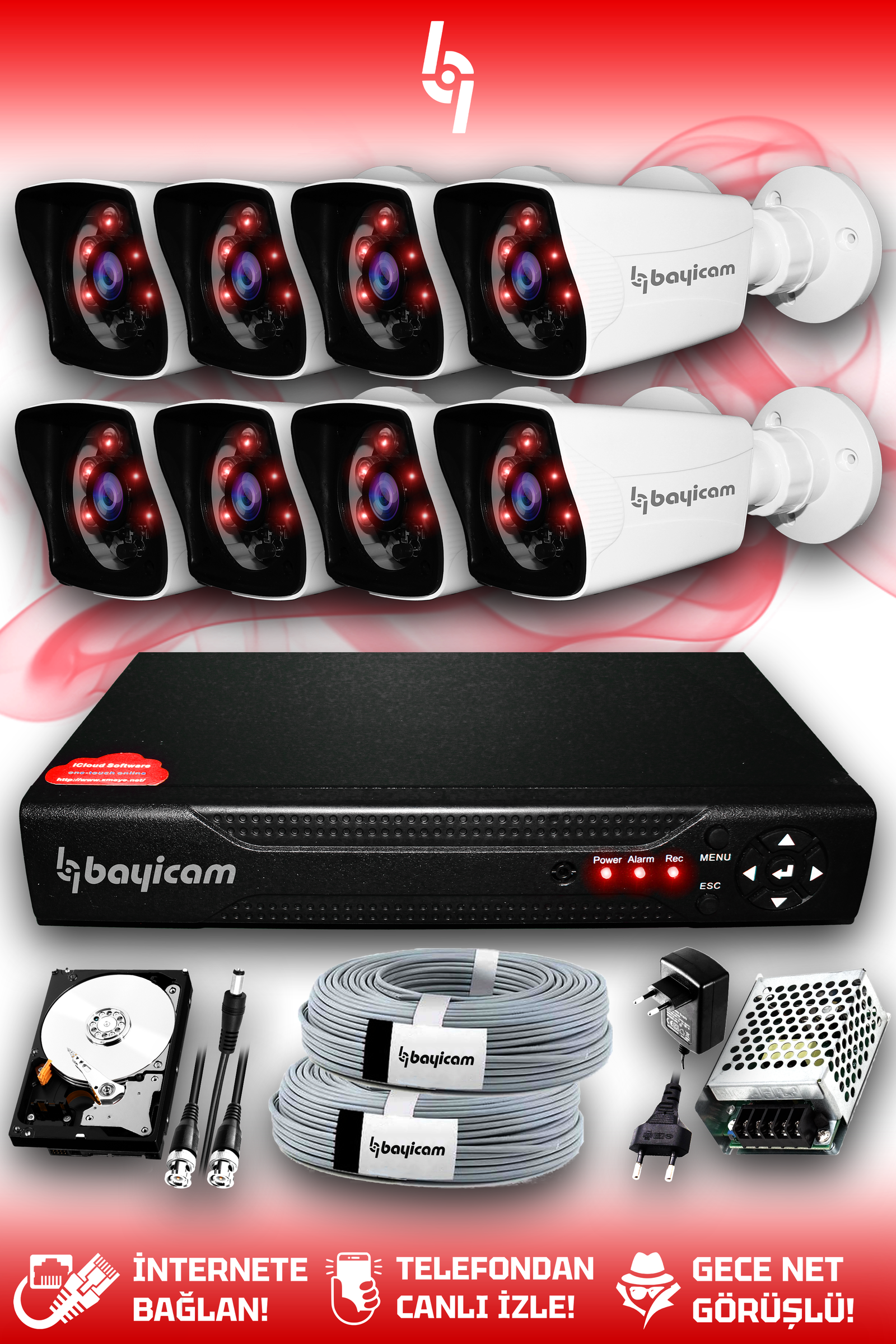 8 Full HD Kamera Kare Set 250 GB HDD Dahil 8 Dış Mekan Gece Görüşlü Güvenlik Sistemi