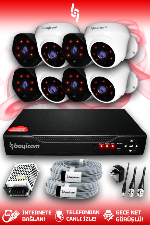 8 Full HD Kamera Uzay Set HDD'siz 4 Dış 4 İç Mekan Gece Görüşlü Güvenlik Sistemi