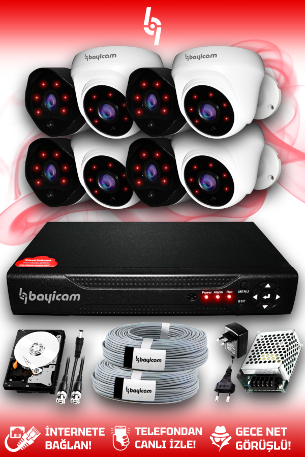 8 Full HD Kamera Uzay Set 500 GB HDD Dahil 4 Dış 4 İç Mekan Gece Görüşlü Güvenlik Sistemi