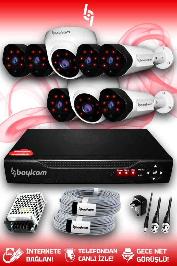8 Full HD Kamera Uzay Set HDD'siz 6 Dış 2 İç Mekan Gece Görüşlü Güvenlik Sistemi