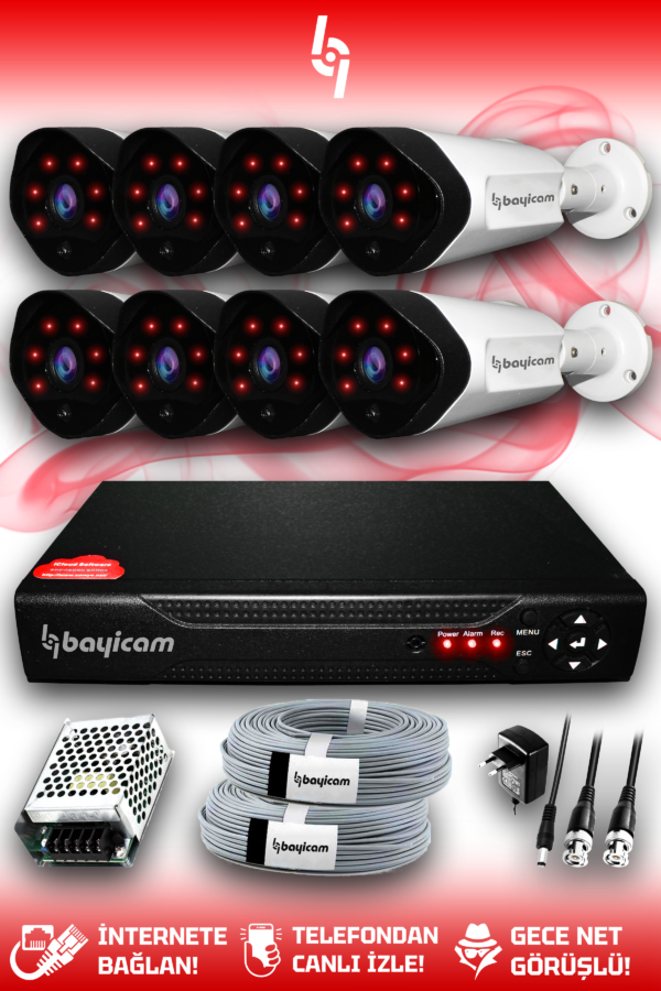 8 Full HD Kamera Uzay Set HDD'siz 8 Dış Mekan Gece Görüşlü Güvenlik Sistemi