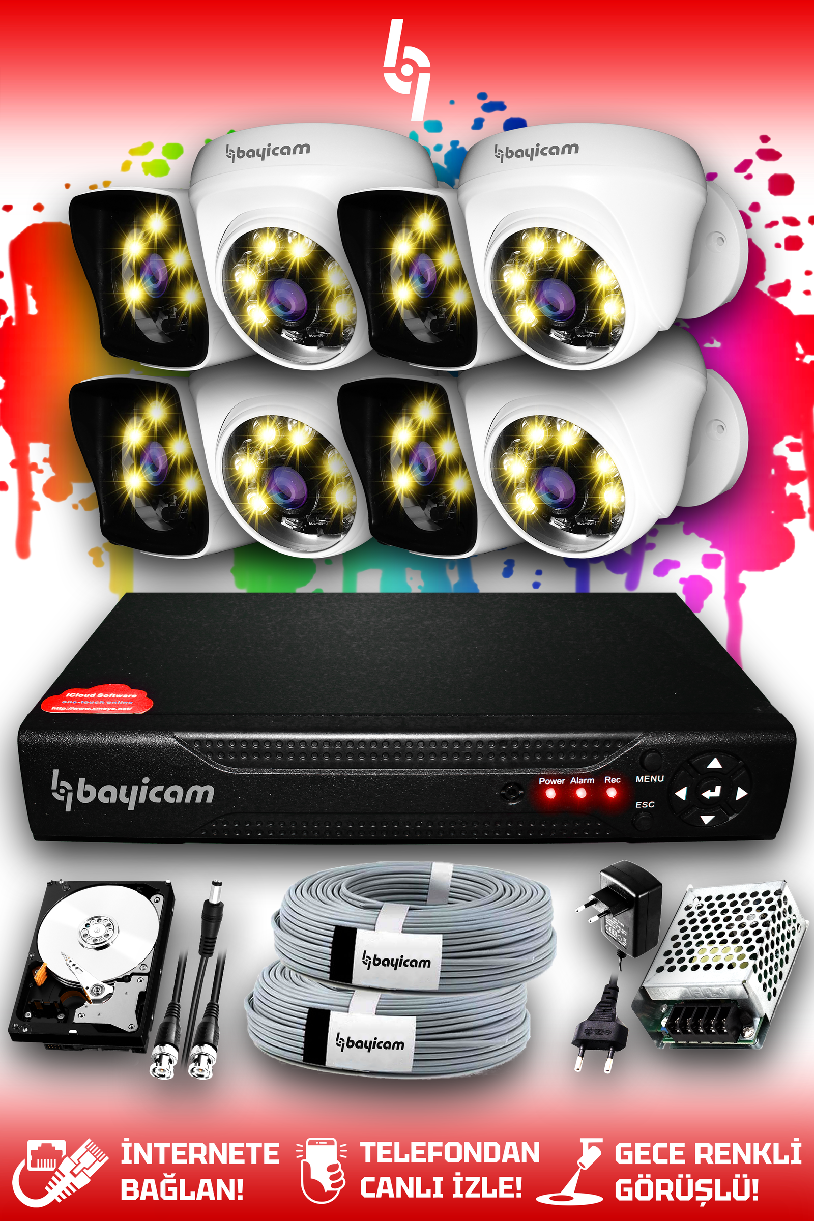 8 Full HD Kamera Kare Set 250 GB HDD Dahil 4 Dış 4 İç Mekan Renkli Gece Görüşlü Güvenlik Sistemi