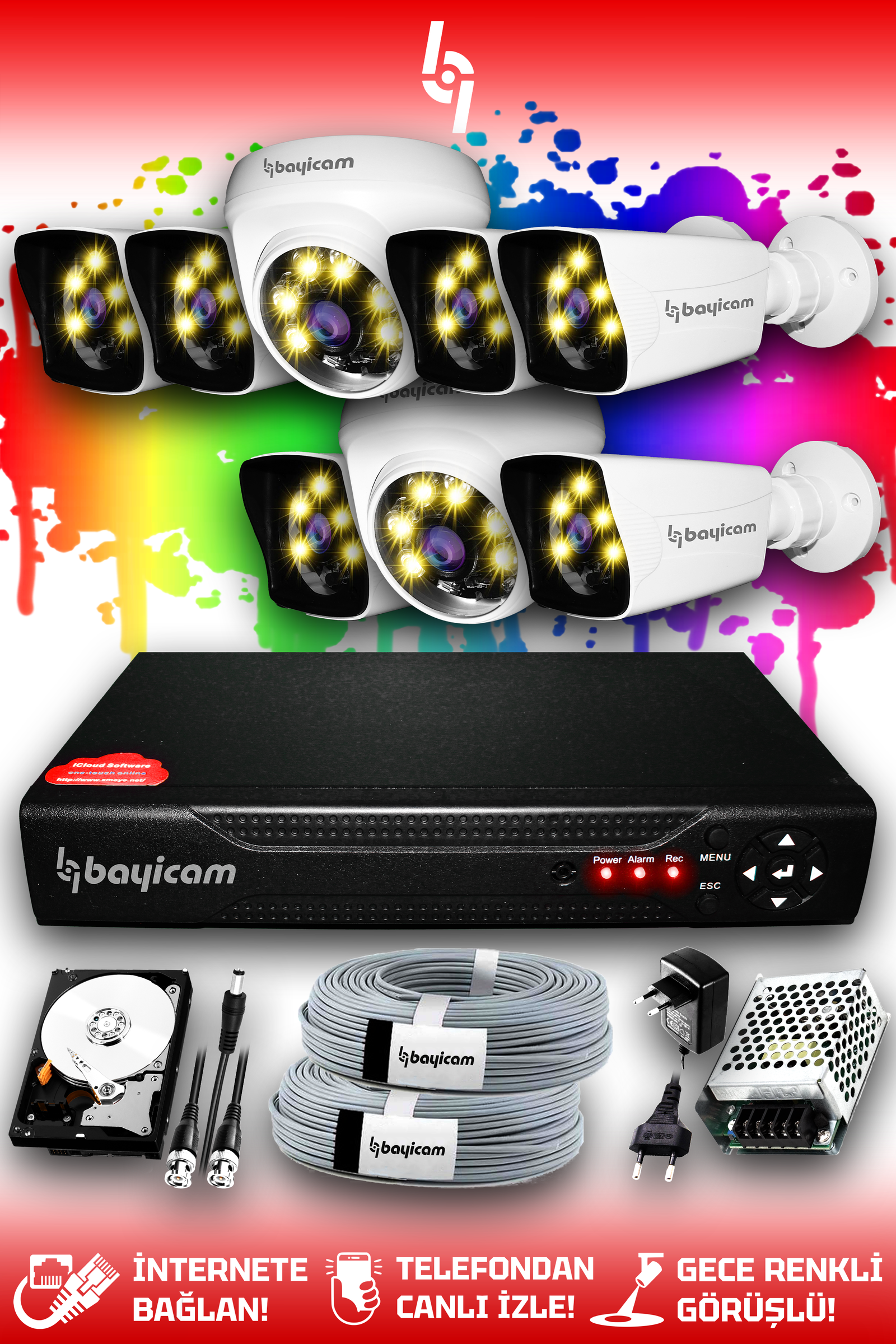 8 Full HD Kamera Kare Set 250 GB HDD Dahil 6 Dış 2 İç Mekan Renkli Gece Görüşlü Güvenlik Sistemi