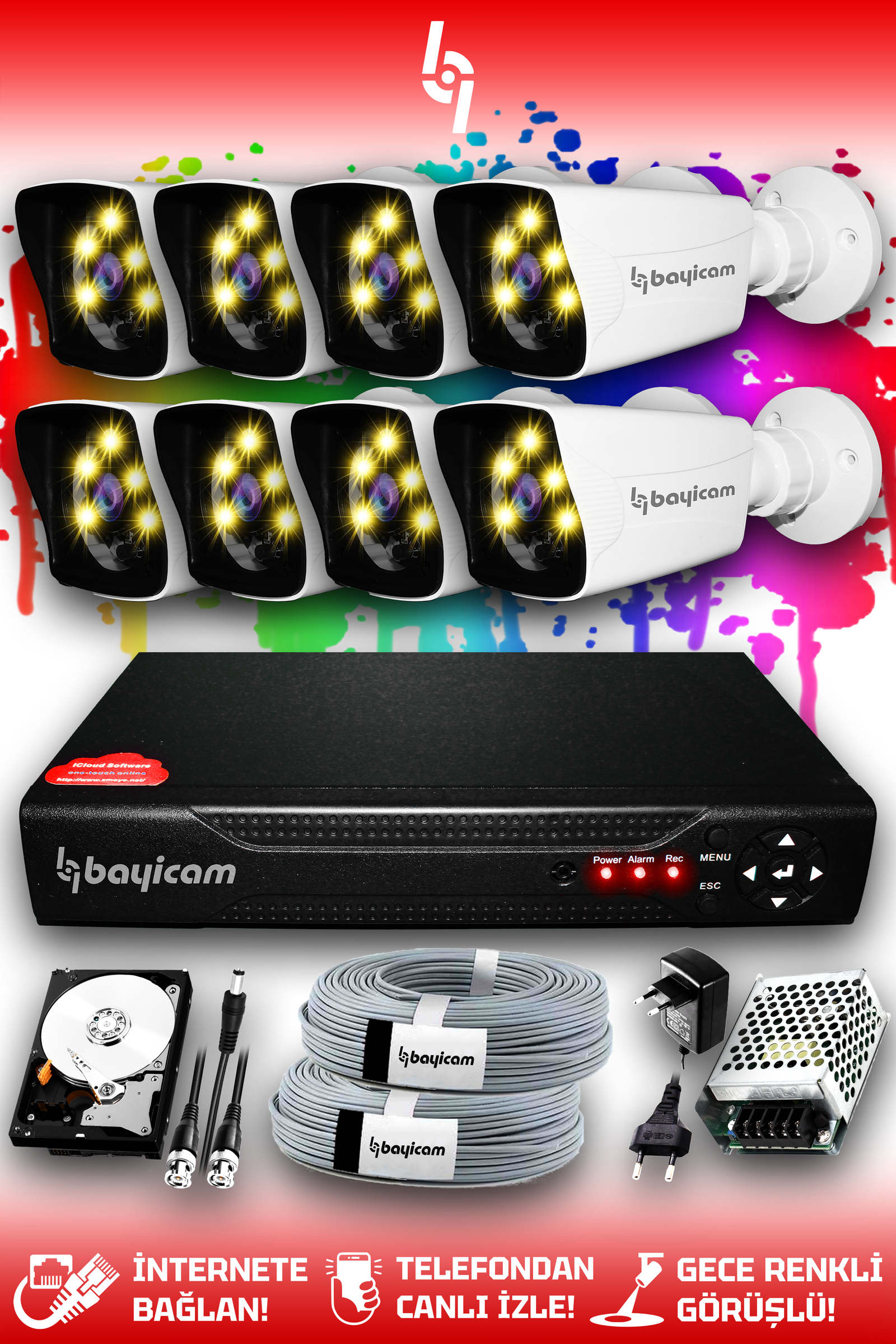 8 Full HD Kamera Kare Set 250 GB HDD Dahil 8 Dış Mekan Renkli Gece Görüşlü Güvenlik Sistemi