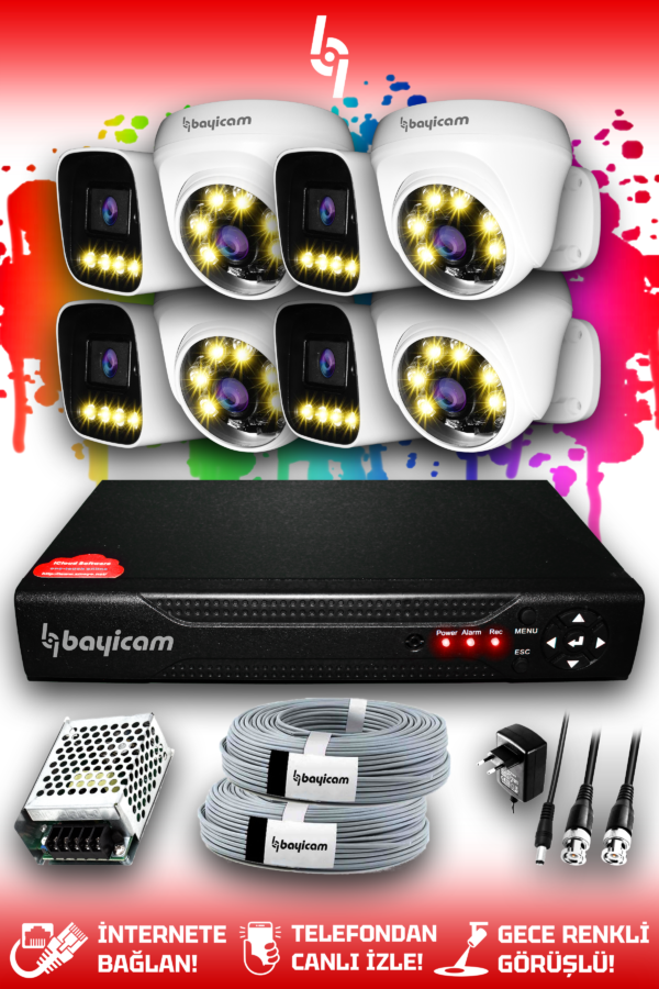 8 Full HD Kamera Zebra Set HDD'siz 4 Dış 4 İç Mekan Renkli Gece Görüşlü Güvenlik Sistemi