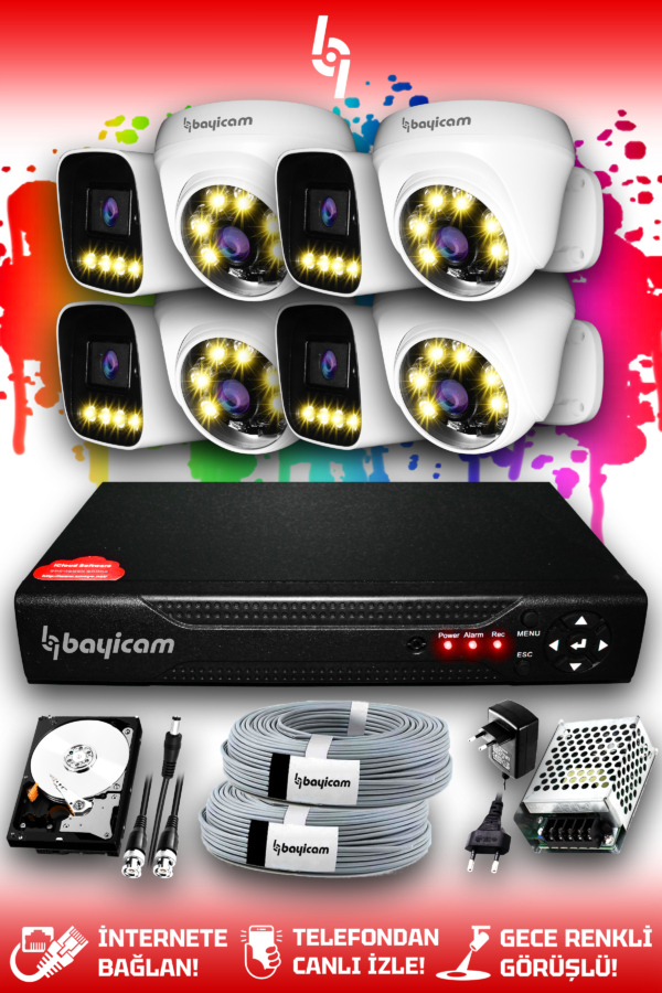 8 Full HD Kamera Zebra Set 1 TB HDD Dahil 4 Dış 4 İç Mekan Renkli Gece Görüşlü Güvenlik Sistemi