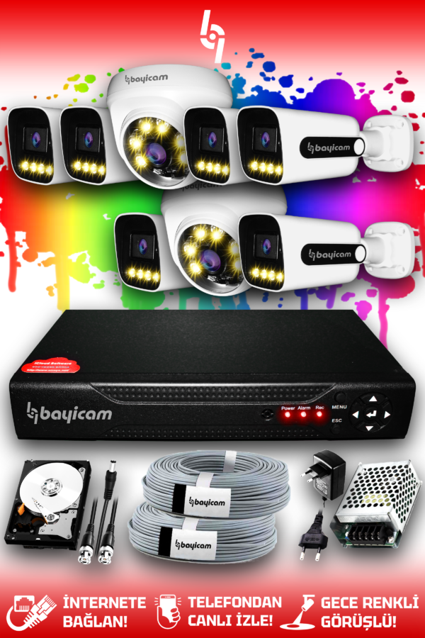 8 Full HD Kamera Zebra Set 1 TB HDD Dahil 6 Dış 2 İç Mekan Renkli Gece Görüşlü Güvenlik Sistemi