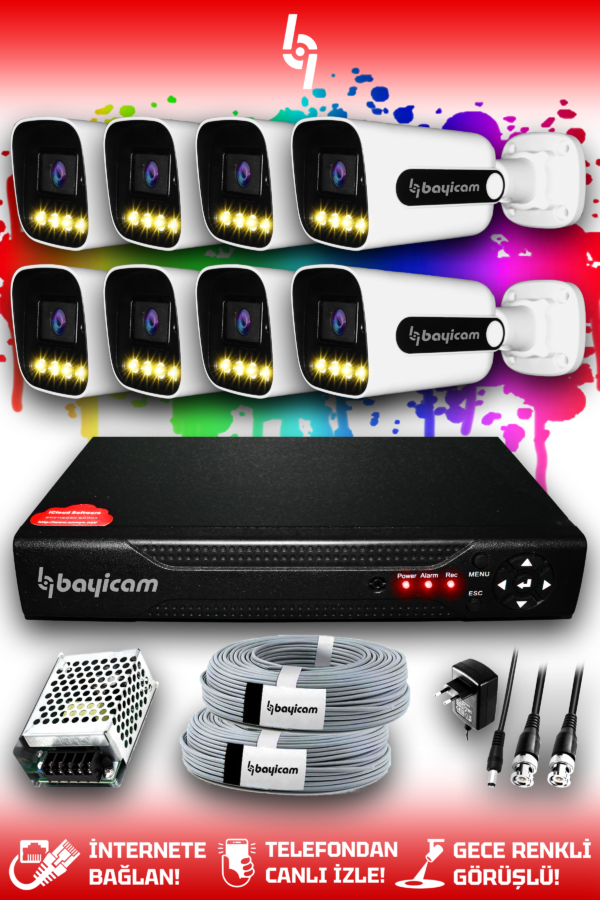 8 Full HD Kamera Zebra Set HDD'siz 8 Dış Mekan Renkli Gece Görüşlü Güvenlik Sistemi