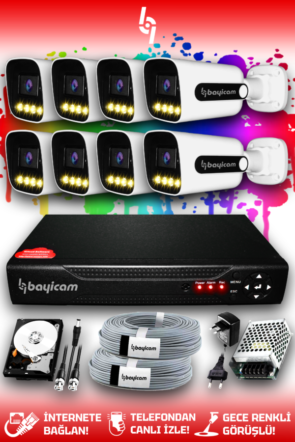 8 Full HD Kamera Zebra Set 500 GB HDD Dahil 8 Dış Mekan Renkli Gece Görüşlü Güvenlik Sistemi