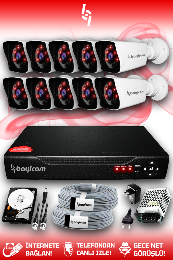 10 Full HD Kamera Kare Set 1 TB HDD Dahil 10 Dış Mekan Gece Görüşlü Güvenlik Sistemi