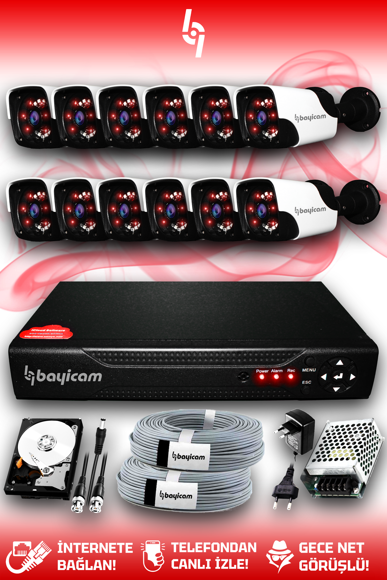 12 Full HD Kamera Panda Set 500 GB HDD Dahil 12 Dış Mekan Gece Görüşlü Güvenlik Sistemi