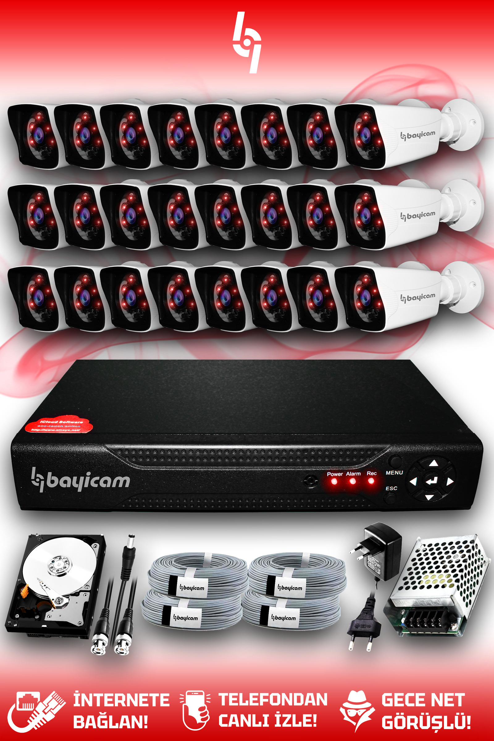 24 Full HD Kamera Kare Set 320 GB HDD Dahil 24 Dış Mekan Gece Görüşlü Güvenlik Sistemi