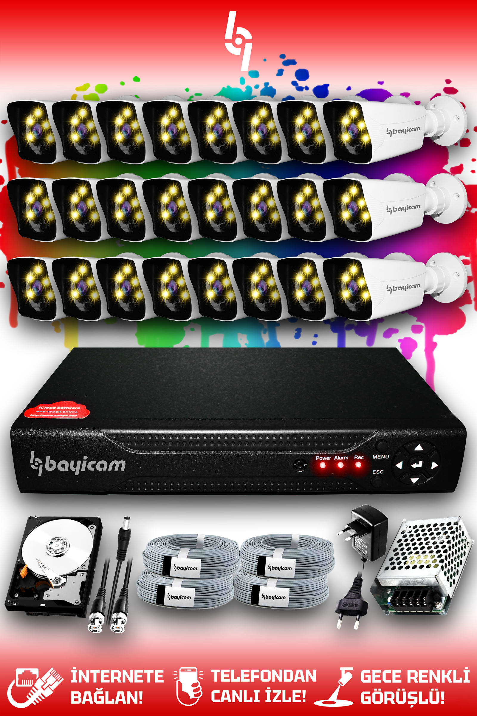 24 Full HD Kamera Kare Set 100 GB HDD Dahil 24 Dış Mekan Renkli Gece Görüşlü Güvenlik Sistemi