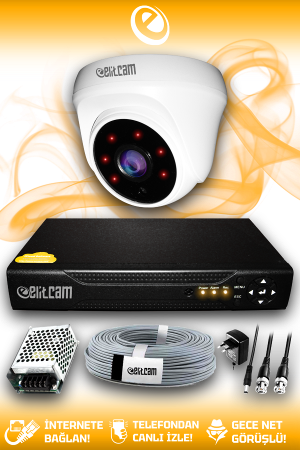1 Kameralı Dome 1 İç Kamera Set HDD'siz Full HD Gece Görüşlü Güvenlik Kamerası Sistemi