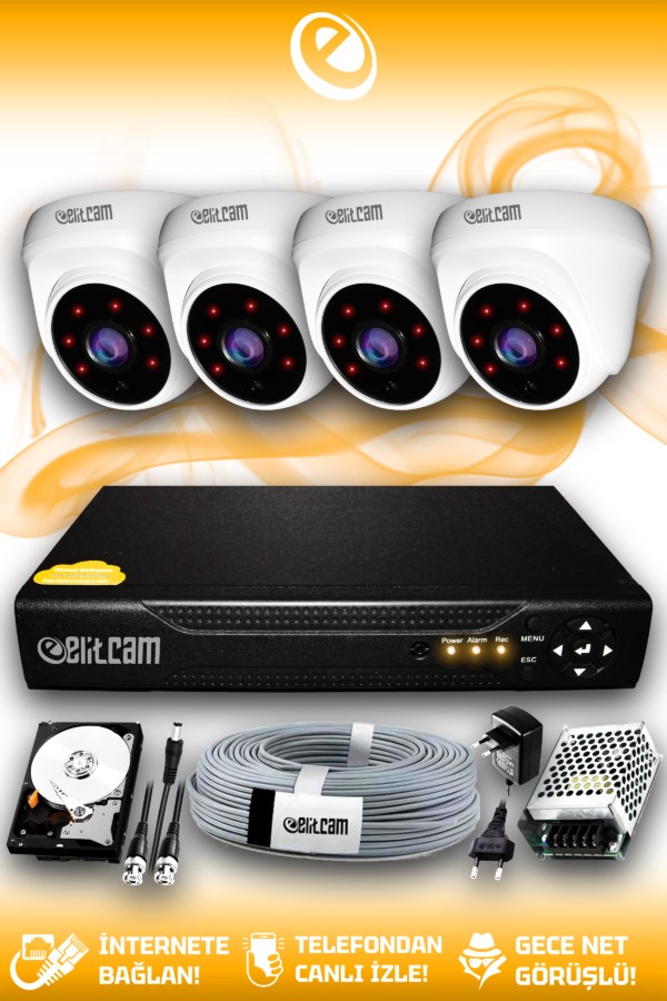 4 Kameralı Dome 4 İç Kamera Set 250 GB HDD Full HD Gece Görüşlü Güvenlik Kamerası Sistemi