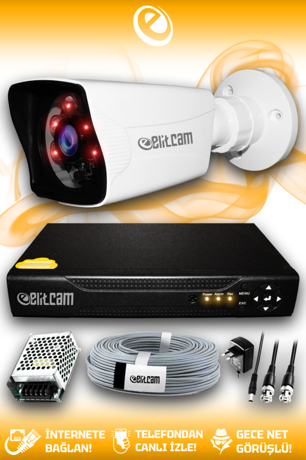 1 Kameralı Kare 1 Dış Kamera Set HDD'siz Full HD Gece Görüşlü Güvenlik Kamerası Sistemi