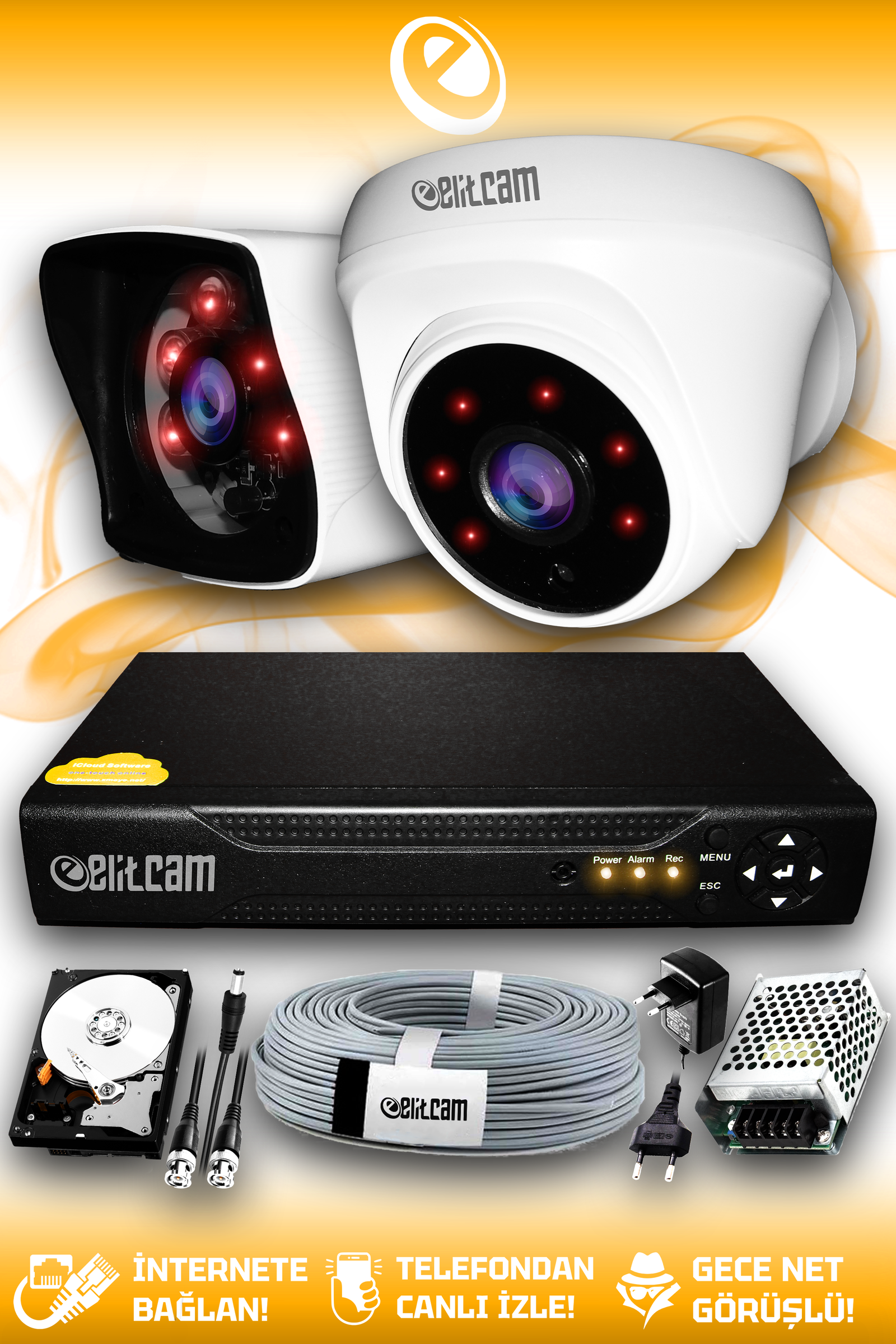 2 Kameralı Kare 1 İç Kamera Set 1 TB HDD Full HD Gece Görüşlü Güvenlik Kamerası Sistemi