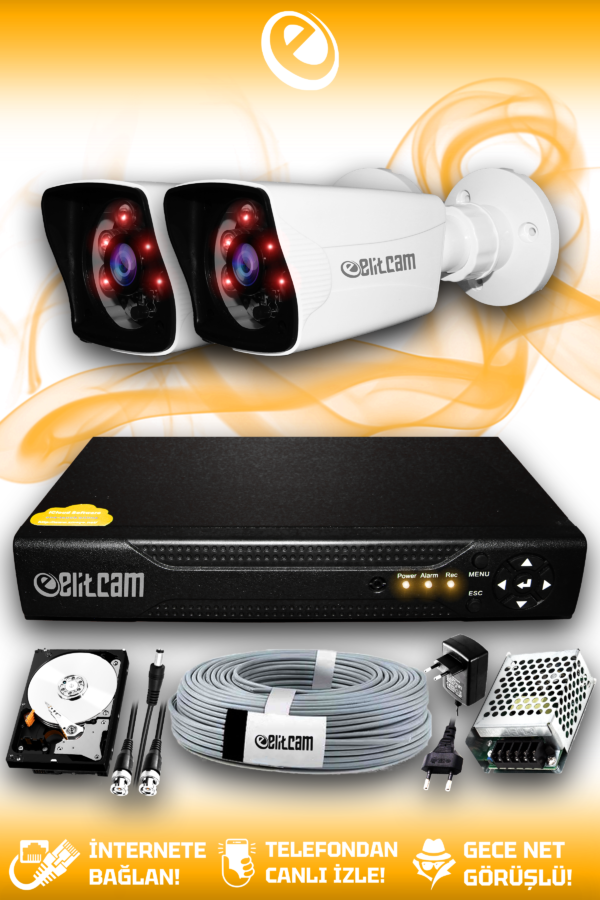 2 Kameralı Kare 2 Dış Kamera Set 1 TB HDD Full HD Gece Görüşlü Güvenlik Kamerası Sistemi