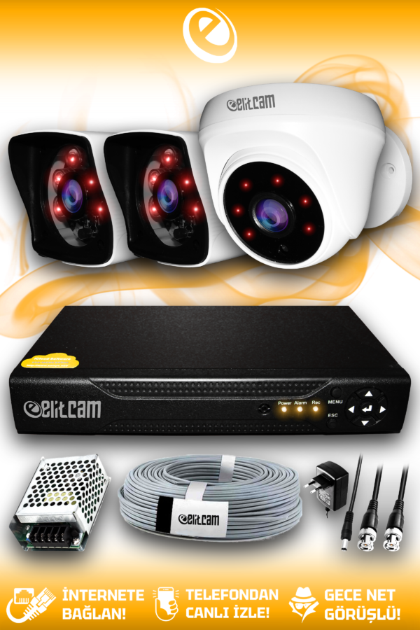 3 Kameralı Kare 1 İç Kamera Set HDD'siz Full HD Gece Görüşlü Güvenlik Kamerası Sistemi