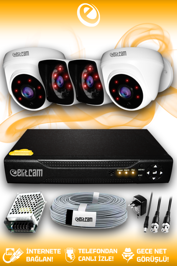 4 Kameralı Kare 2 İç Kamera Set HDD'siz Full HD Gece Görüşlü Güvenlik Kamerası Sistemi