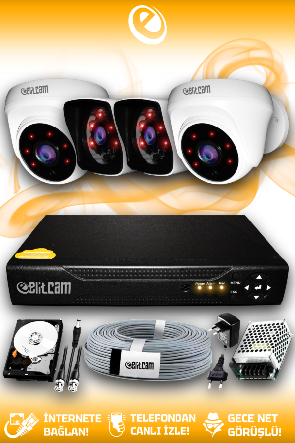 4 Kameralı Kare 2 İç Kamera Set 1 TB HDD Full HD Gece Görüşlü Güvenlik Kamerası Sistemi