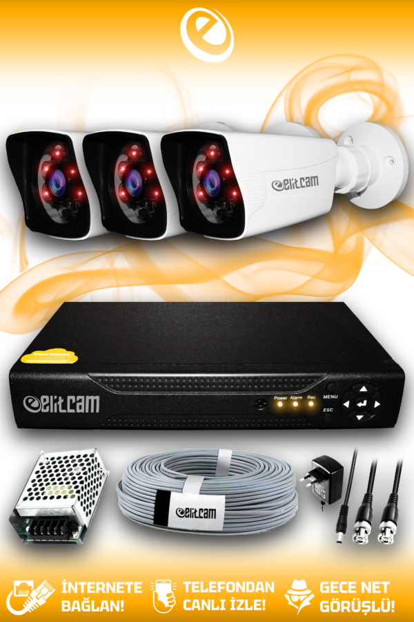 3 Kameralı Kare 3 Dış Kamera Set HDD'siz Full HD Gece Görüşlü Güvenlik Kamerası Sistemi