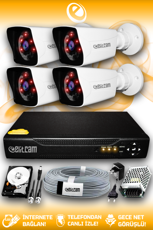 4 Kameralı Kare 4 Dış Kamera Set 250 GB HDD Full HD Gece Görüşlü Güvenlik Kamerası Sistemi