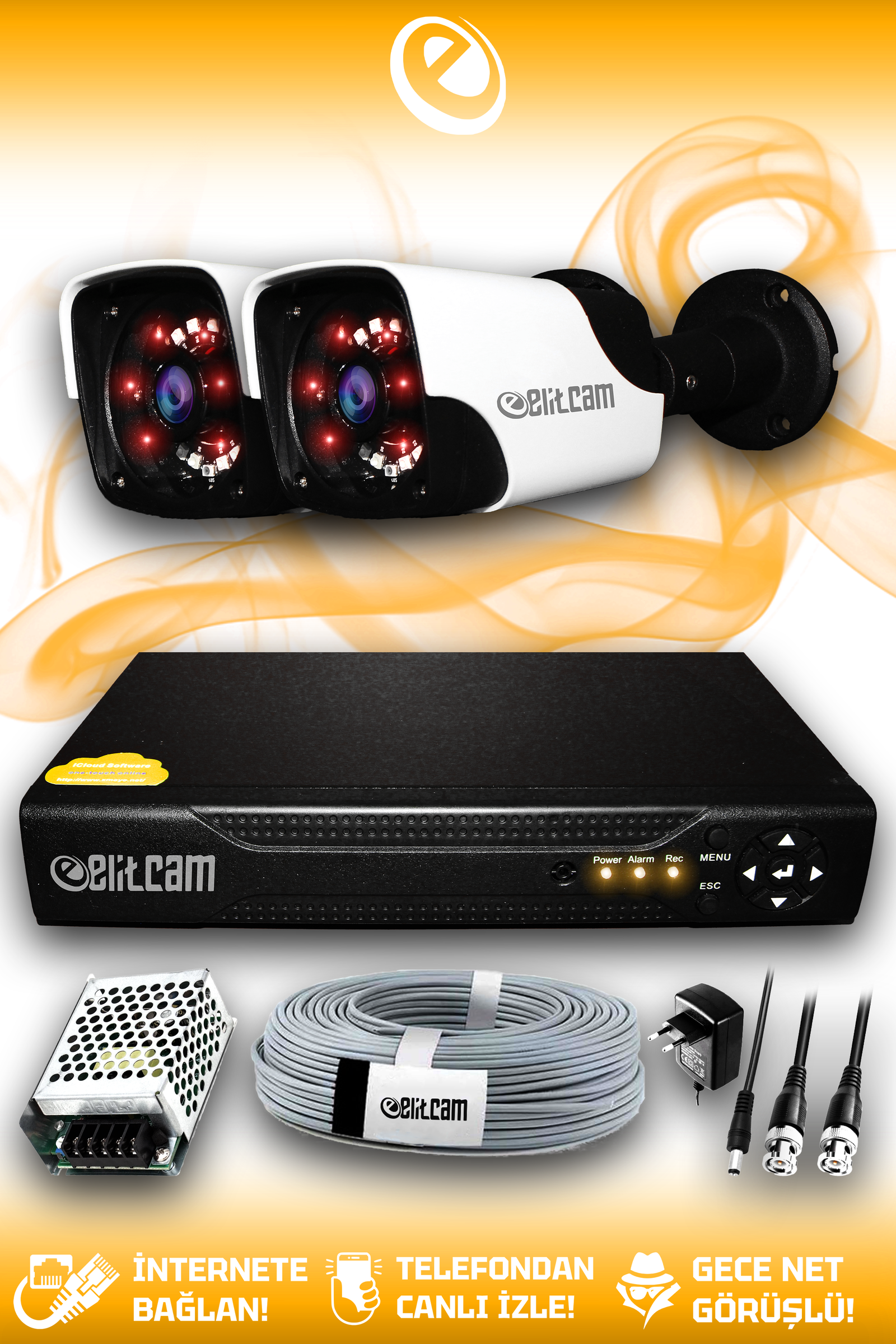 2 Kameralı Panda 2 Dış Kamera Set HDD'siz Full HD Gece Görüşlü Güvenlik Kamerası Sistemi