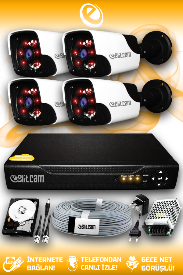 4 Kameralı Panda 4 Dış Kamera Set 250 GB HDD Full HD Gece Görüşlü Güvenlik Kamerası Sistemi