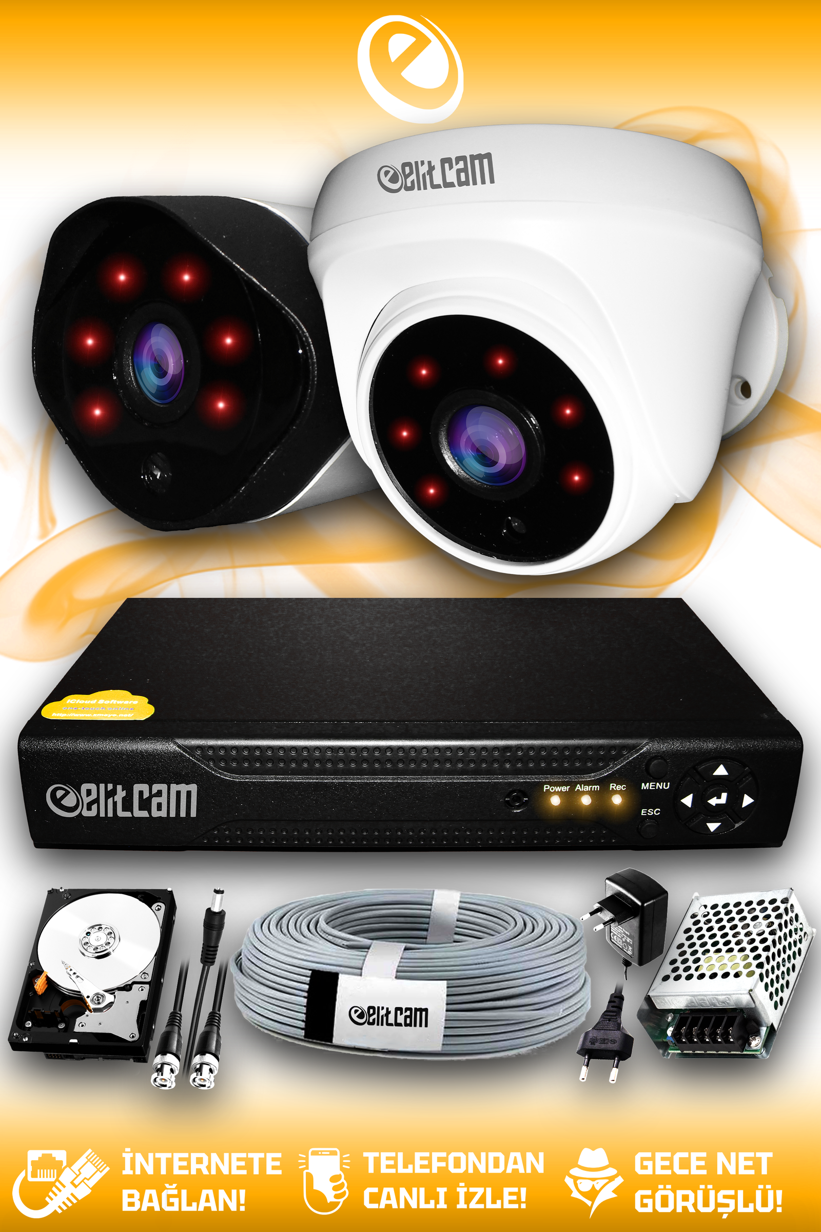 2 Kameralı Uzay 1 İç Kamera Set 2 TB HDD Full HD Gece Görüşlü Güvenlik Kamerası Sistemi