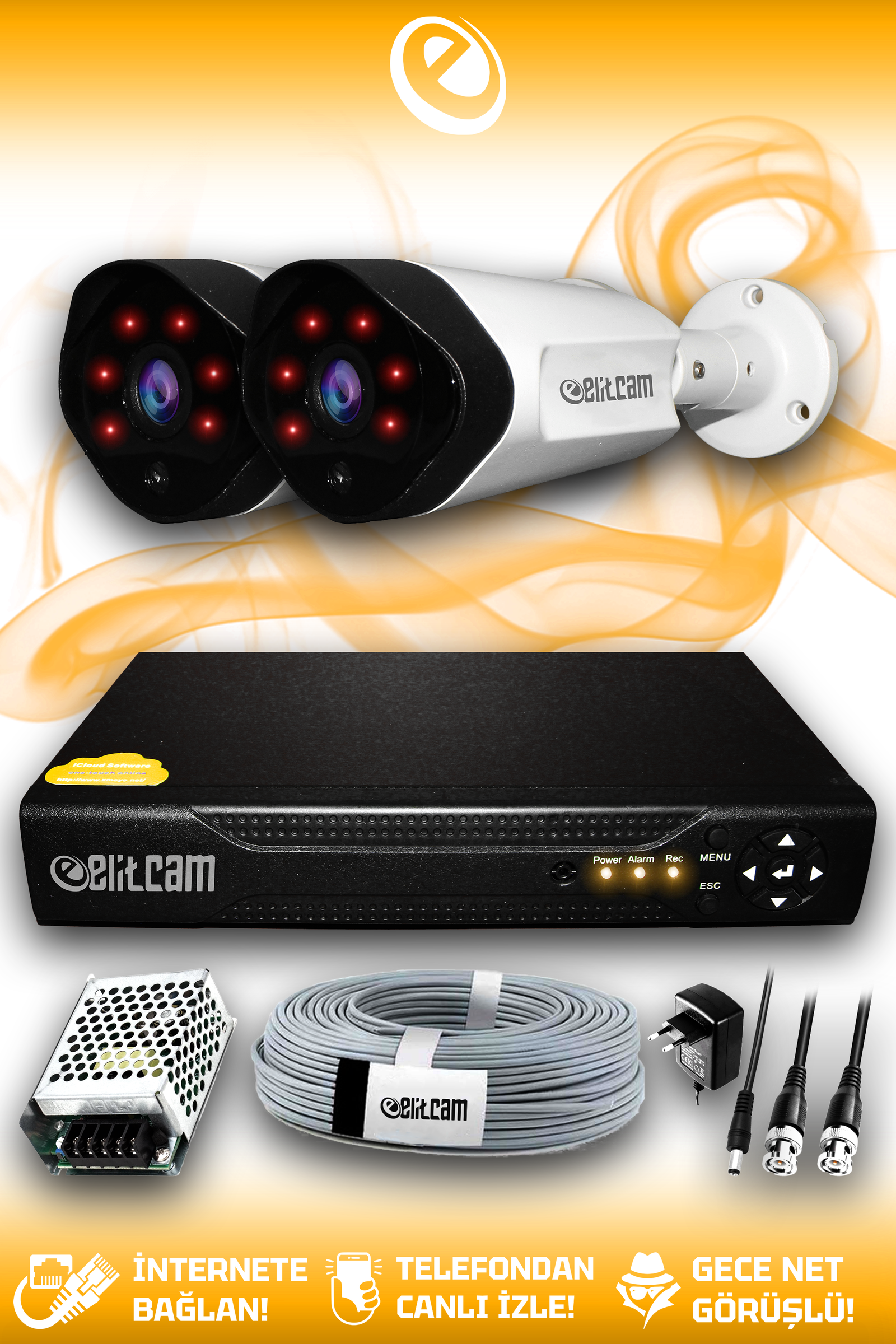 2 Kameralı Uzay 2 Dış Kamera Set HDD'siz Full HD Gece Görüşlü Güvenlik Kamerası Sistemi