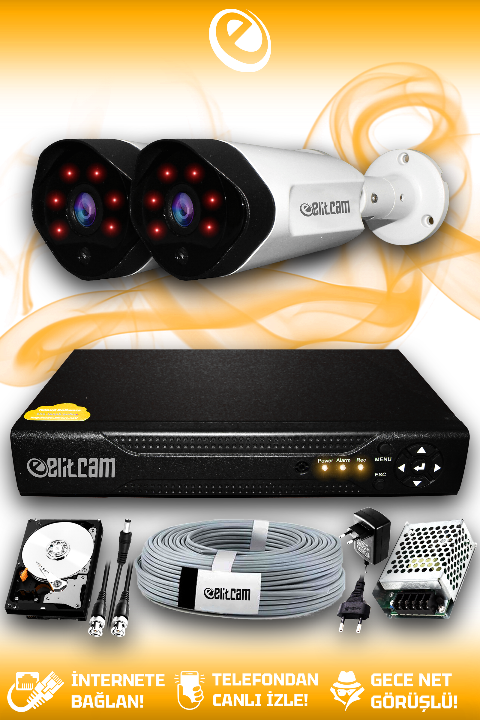 2 Kameralı Uzay 2 Dış Kamera Set 250 GB HDD Full HD Gece Görüşlü Güvenlik Kamerası Sistemi