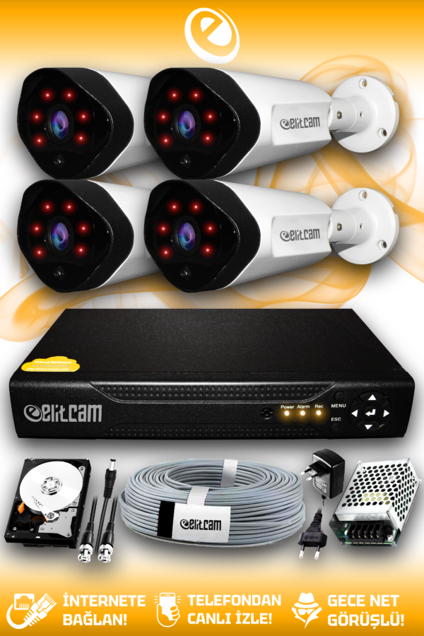 4 Kameralı Uzay 4 Dış Kamera Set 250 GB HDD Full HD Gece Görüşlü Güvenlik Kamerası Sistemi