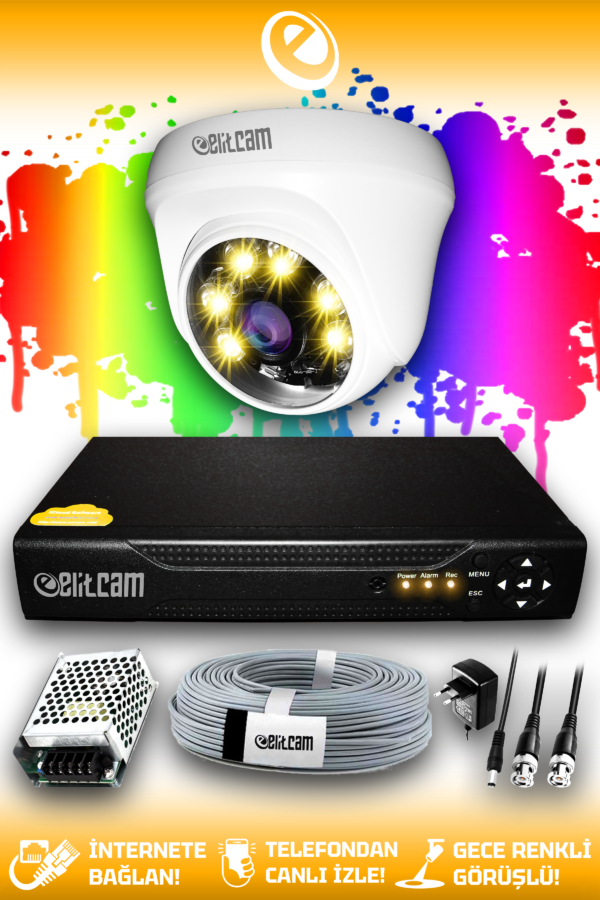 1 Kameralı Dome 1 İç Kamera Set HDD'siz Full HD Renkli Gece Görüşlü Güvenlik Kamerası Sistemi