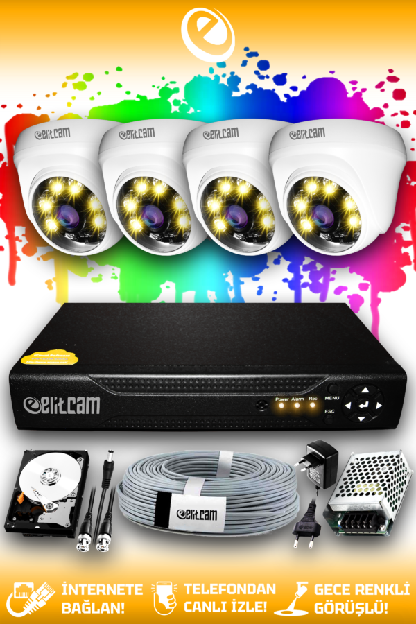 4 Kameralı Dome 4 İç Kamera Set 250 GB HDD Full HD Renkli Gece Görüşlü Güvenlik Kamerası Sistemi
