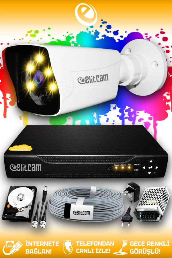 1 Kameralı Kare 1 Dış Kamera Set 2 TB HDD Full HD Renkli Gece Görüşlü Güvenlik Kamerası Sistemi