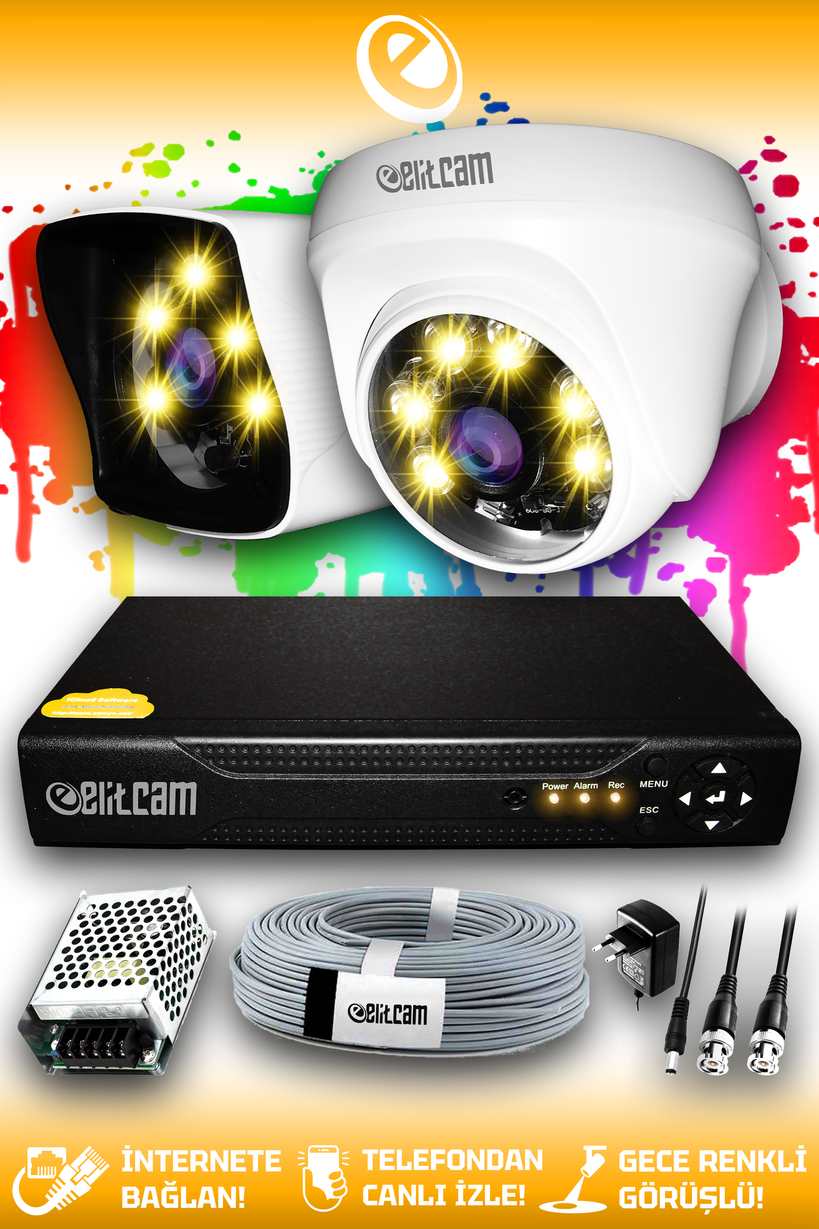 2 Kameralı Kare 1 İç Kamera Set HDD'siz Full HD Renkli Gece Görüşlü Güvenlik Kamerası Sistemi