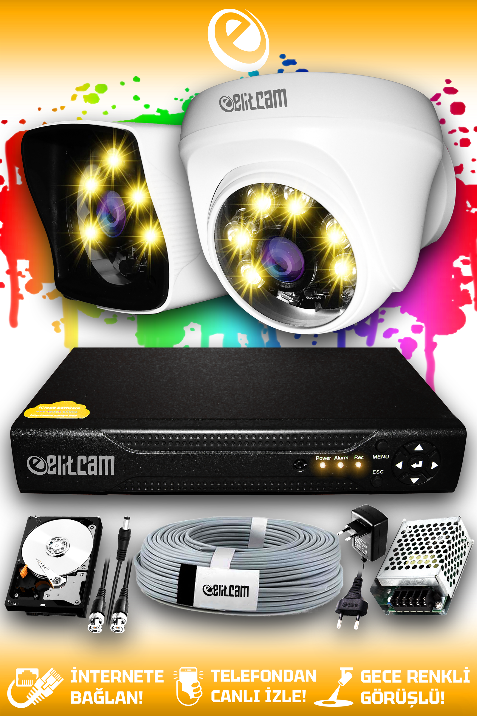 2 Kameralı Kare 1 İç Kamera Set 100 GB HDD Full HD Renkli Gece Görüşlü Güvenlik Kamerası Sistemi