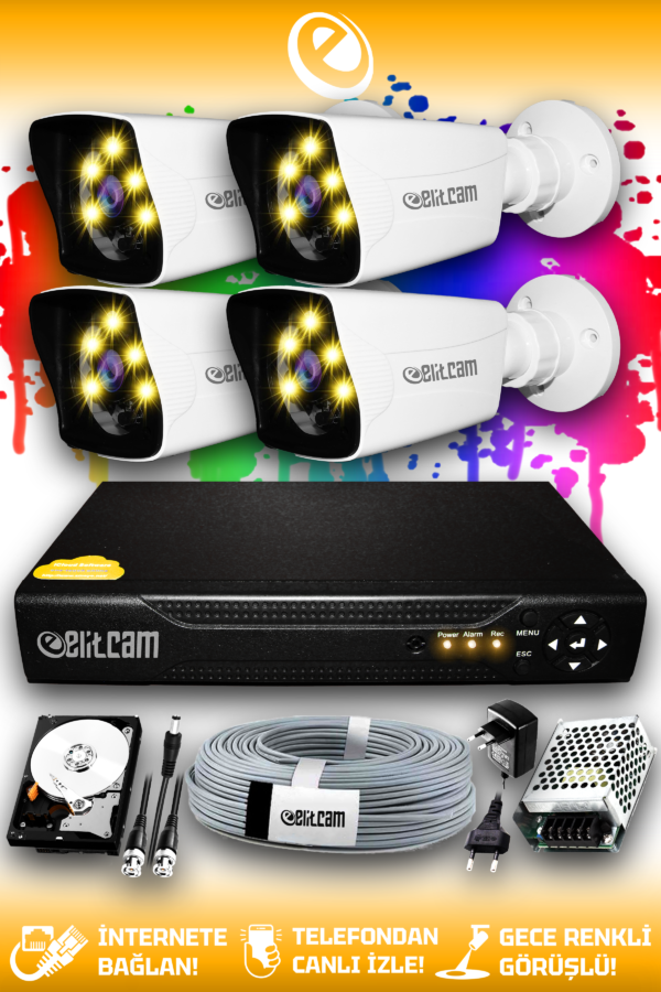 4 Kameralı Kare 4 Dış Kamera Set 250 GB HDD Full HD Renkli Gece Görüşlü Güvenlik Kamerası Sistemi