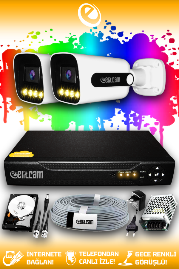 2 Kameralı Zebra 2 Dış Kamera Set 250 GB HDD Full HD Renkli Gece Görüşlü Güvenlik Kamerası Sistemi