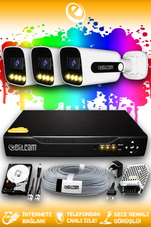 3 Kameralı Zebra 3 Dış Kamera Set 250 GB HDD Full HD Renkli Gece Görüşlü Güvenlik Kamerası Sistemi