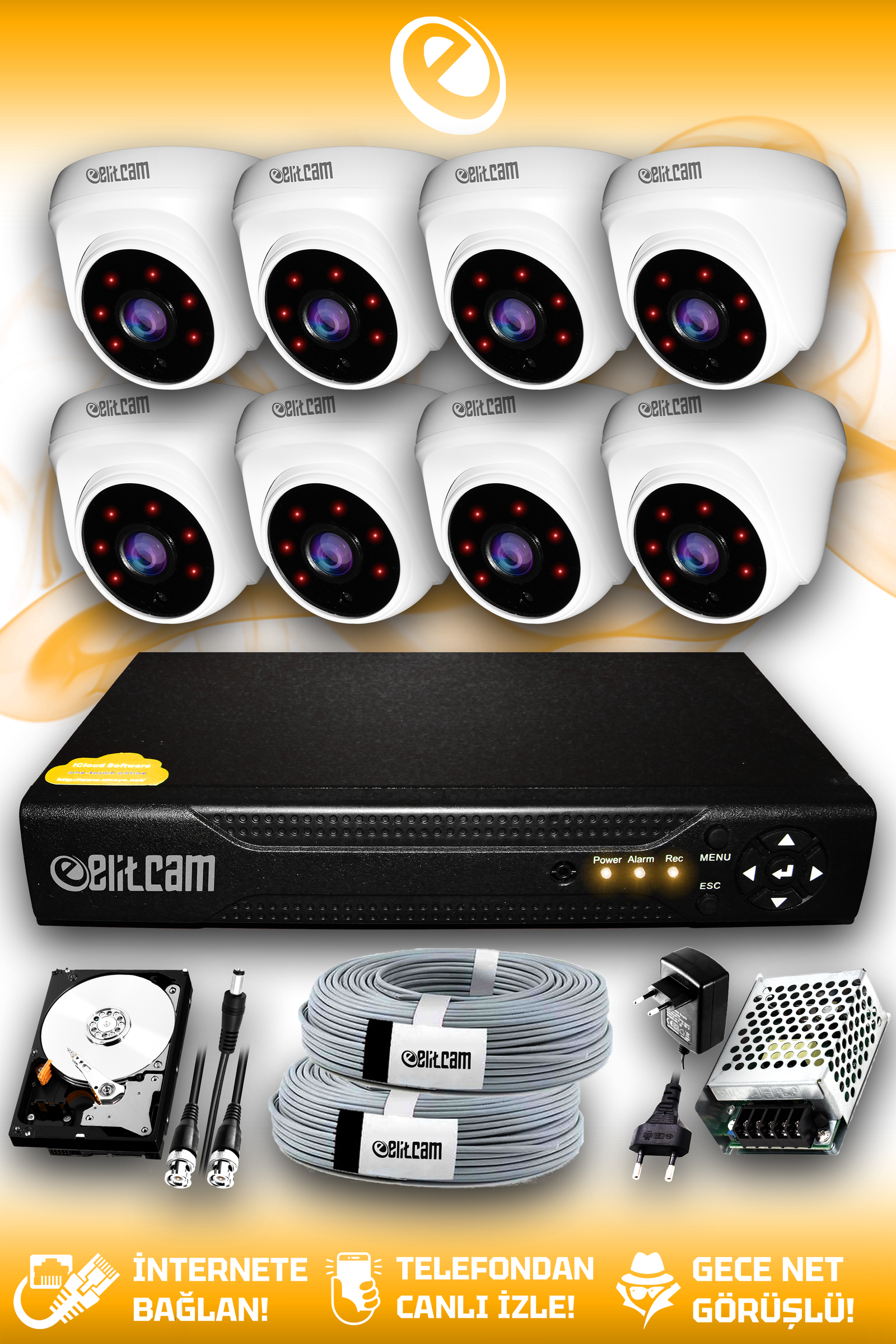 8 Kameralı Dome 8 İç Kamera Set 250 GB HDD Full HD Gece Görüşlü Güvenlik Kamerası Sistemi