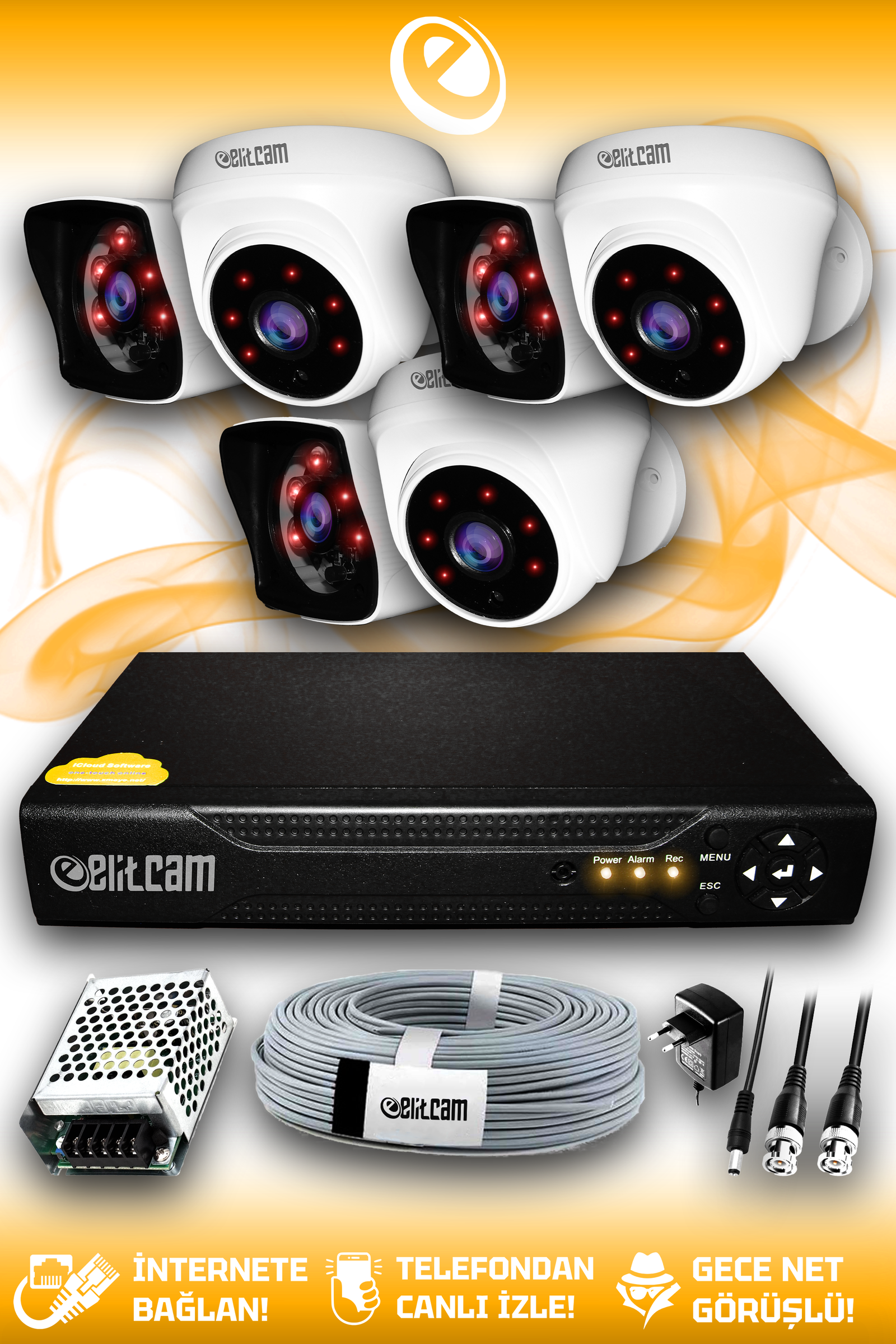 6 Kameralı Kare 3 İç Kamera Set HDD'siz Full HD Gece Görüşlü Güvenlik Kamerası Sistemi